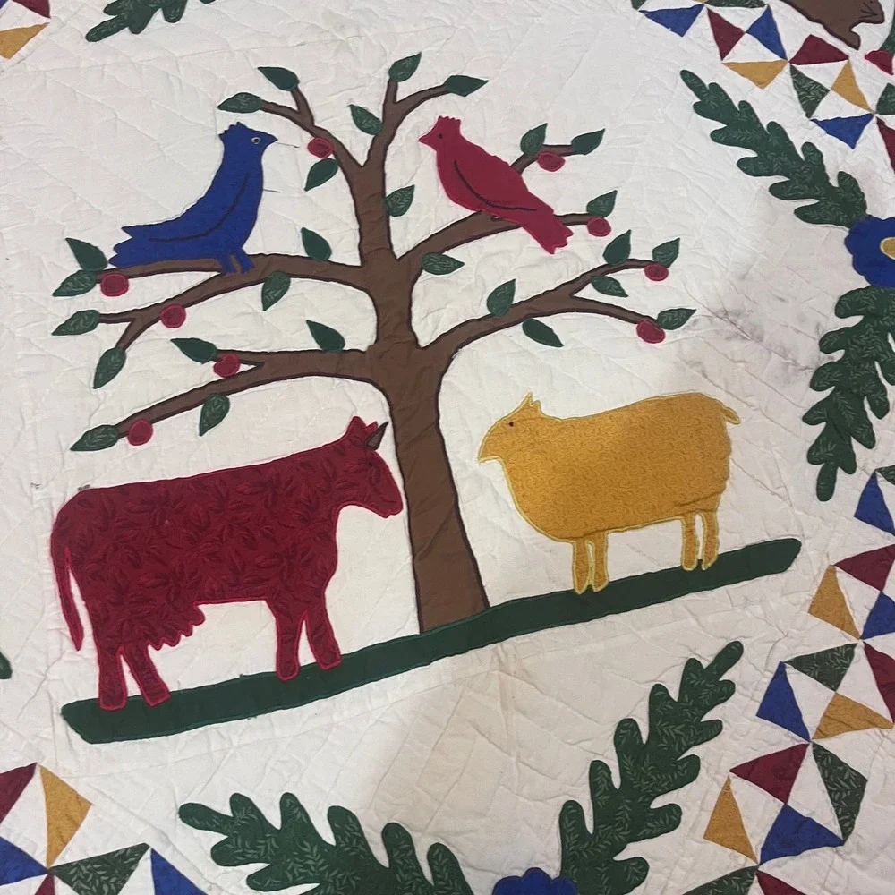 Vtg Handcrafted Baltimore Quilt Kit Folk Art Animal Tree of Life 84x68 Americana